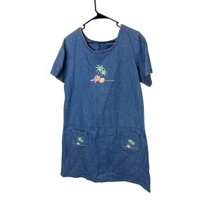 Blue J Vintage Denim Shift Dress Large 
Tropical Palm Tree Shell Embroidery L